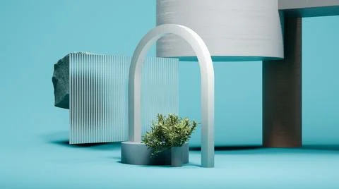 Gray arc and round podium display on the pink background with small palm tree 库存插图