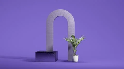 Gray arc and round podium display on the Gray arc near plant and dark violet イラスト素材