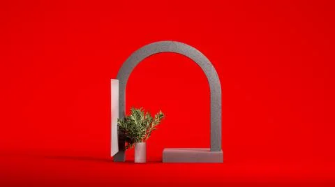 Gray arc with square podium display, plant and glass on bright red background Stock Illustration