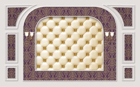 Gray arched frame, lilac background, beige upholstery with golden crystals Stock Illustration