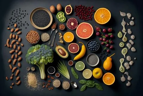 On a gray backdrop, an assortment of healthy foods including fruits, vegetables Stock Illustration