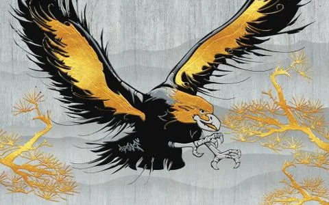 Gray background, abstract golden trees, huge eagle with spread wings Stock Illustration