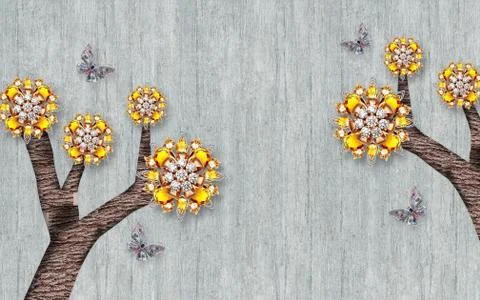 Gray background, abstract trees with golden flowers, gray butterflies Stock Illustration
