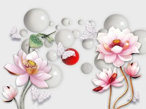 Gray background, balloons, large pink lotus flowers, dragonfly, butterflies Stock Illustration
