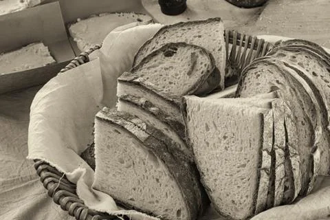 Gray background base rustic bread piece closeup design bakery Stock Photos