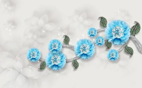 Gray background, blue peonies with crystals and jewelry gray leaves Stock Illustration