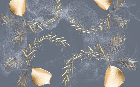 Gray background with blurry white spots, abstract beige large tropical leaves Stock Illustration