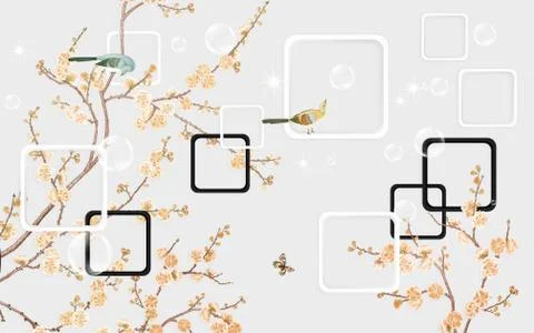 Gray background, branches with beige flowers, birds, square frames Stock Illustration