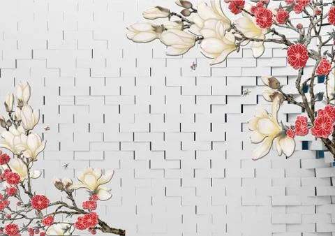 Gray background, brick wall, branches with white and red fabulous flowers Stock Illustration