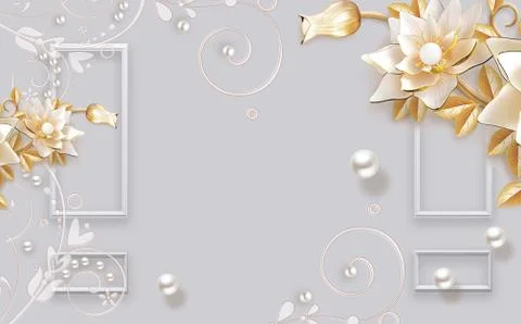 Gray background, bright frames, silver pearls, large beige gold-plated lilies Stock Illustration