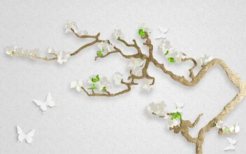 Gray background, brown branch with white flowers, green leaves and butterflies Stock Illustration