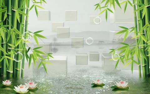 Gray background, cubes, green bamboo, soap bubbles, water lilies in shiny water Stock Illustration