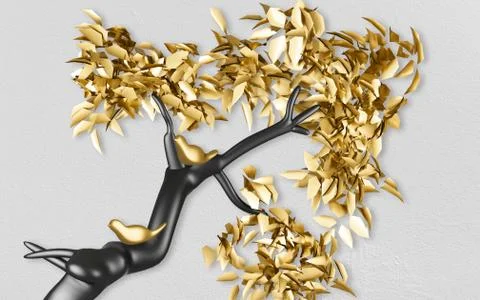 Gray background, dark tree with golden leaves and abstract wavy birds Stock Illustration