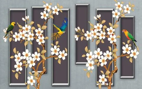 Gray background, dark vertical panels, abstract white flowers, bright parrots Stock Illustration