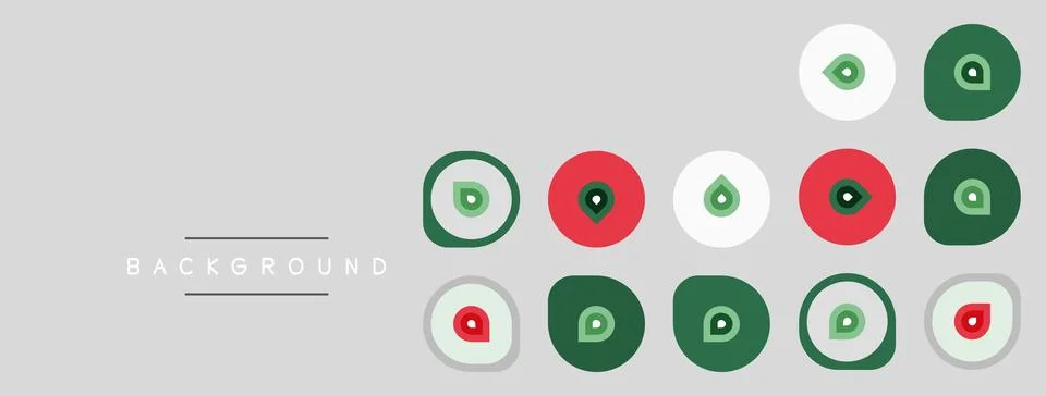 Gray background features circular icons. Red, green, white colors dominate Stock Illustration