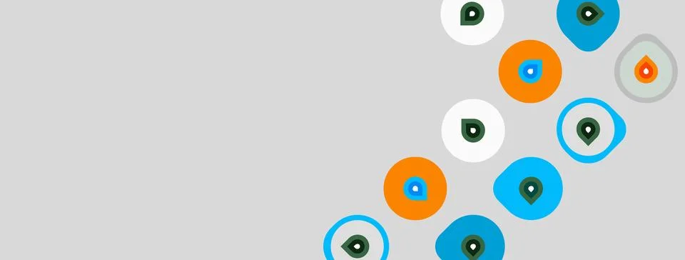 Gray background features colorful circles, each containing droplet icon. Desi Stock Illustration