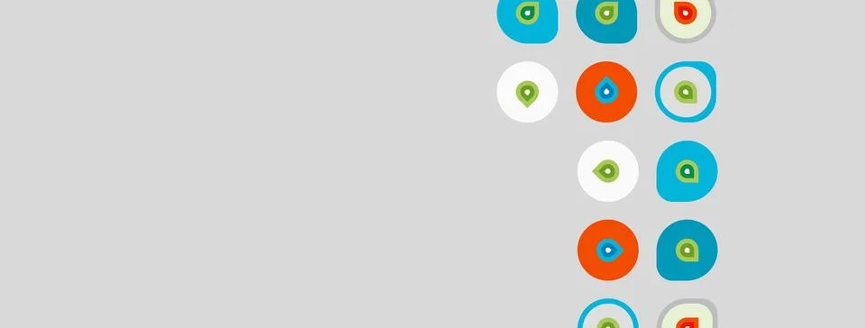 Gray background features colorful circles, some with location pin icons. Simp Stock Illustration