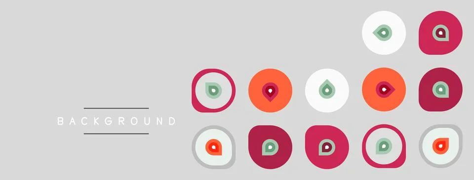 Gray background features colorful circular designs. Shapes include teardrops, 스톡 일러스트