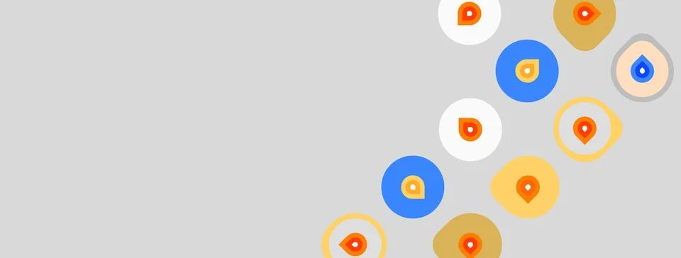 Gray background features colorful circular icons with droplet markers. Simple 库存插图