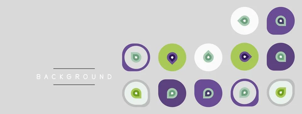 Gray background features colorful circular designs. Each includes droplet s.. Stock Illustration