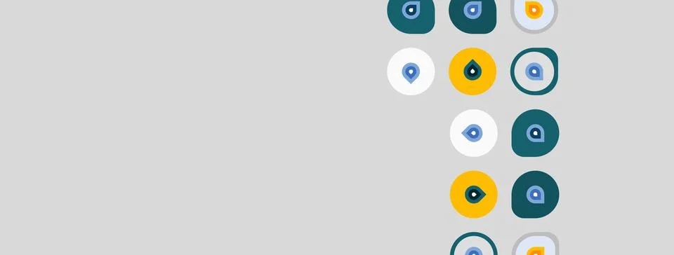 Gray background features colorful circular icons. Designs include dots, lines Stock Illustration