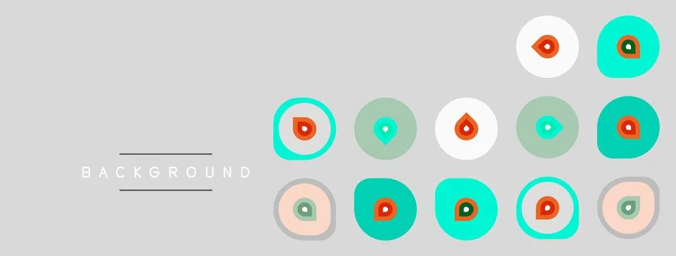 Gray background features colorful circular designs. Patterns include teal, re Stock Illustration