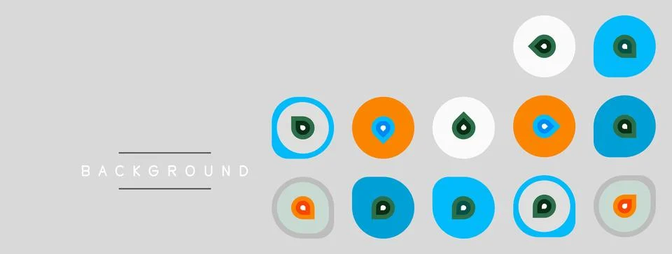 Gray background features colorful circular designs. Shapes vary in hue, size, Stock Illustration