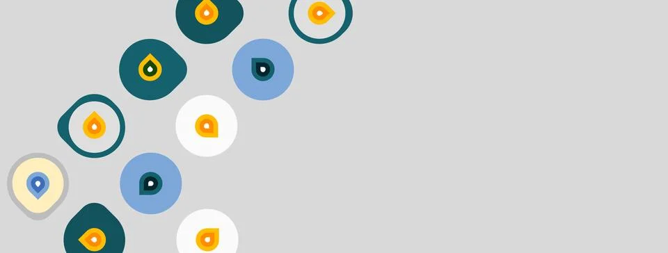 Gray background features colorful map markers. Icons vary in shades, shapes, Stock Illustration