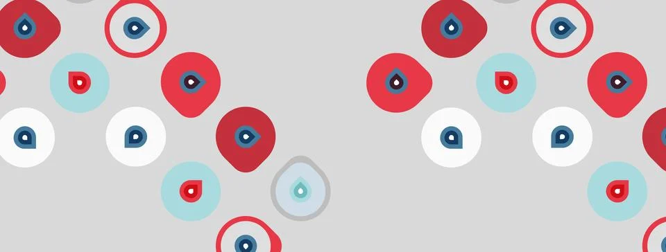 Gray background features repeating circles. Red, blue droplets inside some. Stock Illustration