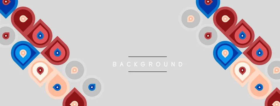 Gray background features repeating geometric shapes. Red, blue, orange elemen Stock Illustration