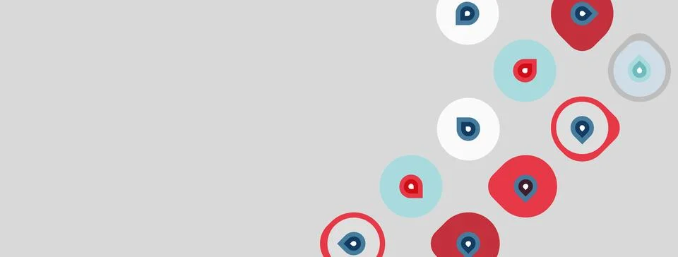 Gray background features scattered droplet icons. Red, blue, white variations Stock Illustration