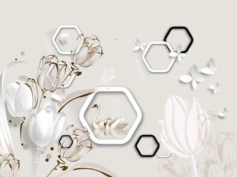 Gray background, frames in the shape of a hexagon, tulips, swans, butterflies Stock Illustration
