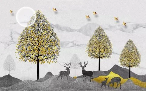 Gray background, full moon, autumn trees with yellow leaves, animal outlines Stock Illustration