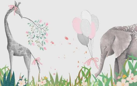 Gray background, grass, elephant and giraffe with balls and pink ribbon Illustrazione stock