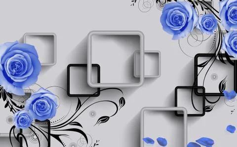 Gray background, gray and black rectangular frames, blue roses Stock Illustration