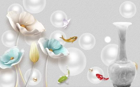 Gray background, gray balls, gray marble vase, multi-colored poppies and fish Stock Illustration