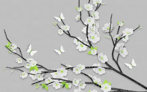 Gray background, gray branch with white flowers, green leaves and butterflies Stock Illustration