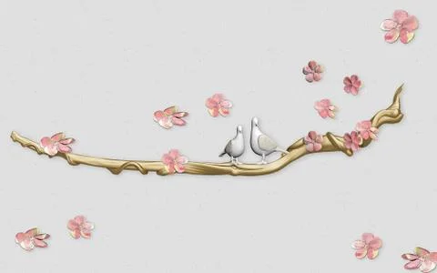 Gray background, gray ceramic pigeons on a branch, pink flower buds Stock Illustration