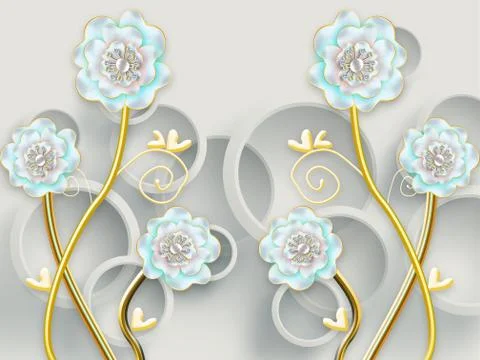 Gray background, gray rings, blue flowers with pearls on gilded stems Stock Illustration