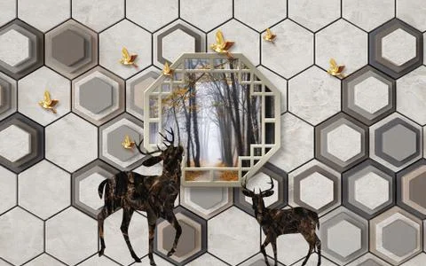 Gray background, hexagons, birds, dark deer, frame with a landscape inside Stock Illustration