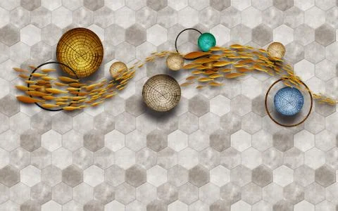 Gray background with hexagons, multicolored cuts of logs, abstract golden fish Stock Illustration