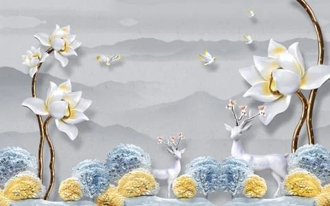 Gray background, hills, large white flowers, deer, abstract color bushes Stock Illustration