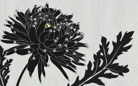 Gray background, large black peony with silver and gold pears Stock Illustration