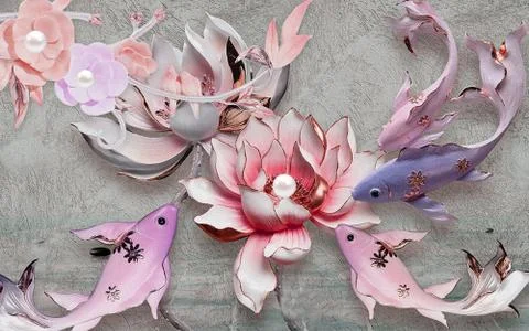 Gray background, large fish, water lilies, flowers with pearls on a gray branch Stock Illustration