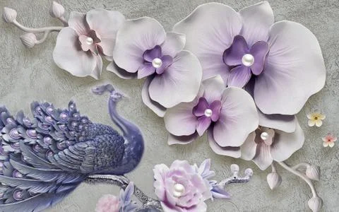 Gray background, large light purple flowers with pearls, large blue peacock Stock Illustration