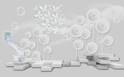 Gray background, large steps, white dandelions, white butterflies, soap bubbles Stock Illustration