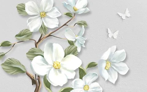 Gray background, large white flowers on a branch with green leaves Stock Illustration