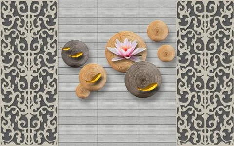 Gray background, ornament, boards, tree cuts, pink water lily, goldfish Stock Illustration