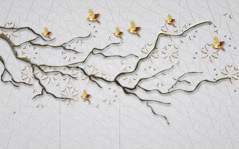 Gray background, ornament, thin branch without leaves, golden abstract birds Stock Illustration