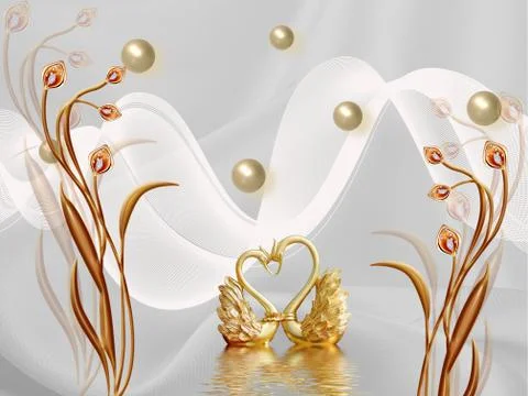 Gray background, pearls, white waves, brown fairy flowers, golden swans Stock Illustration